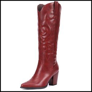 Suede Knee High Cowboy Boots with Side Zipper, 3.2 Inch Block Heel